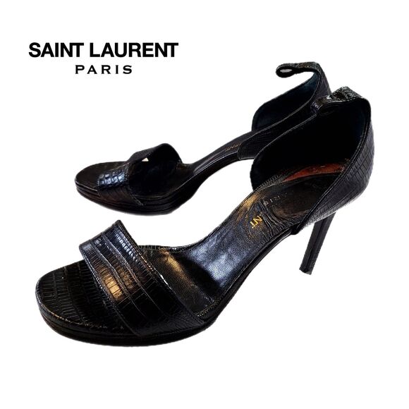 Saint Laurent Black Leather Lizard Open Toe Stiletto Heels, Size EU 35/US 5, GUC - Picture 1 of 10